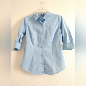 Worthington Stretch Blouse Shirt Blue Ruched Sleeves Crisp Look Size Small